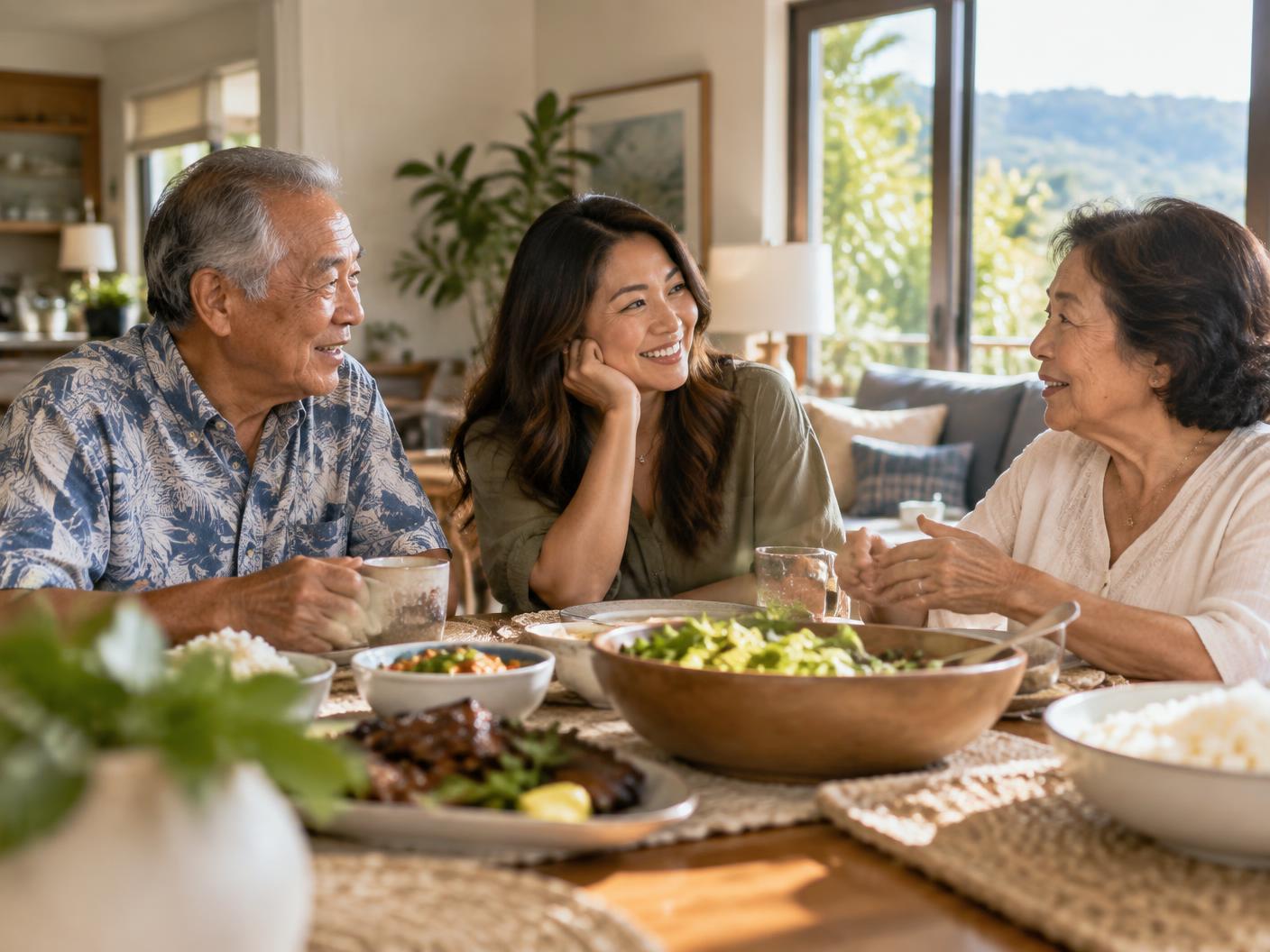 Older parents and their adult daughter sharing a relaxed family conversation at home